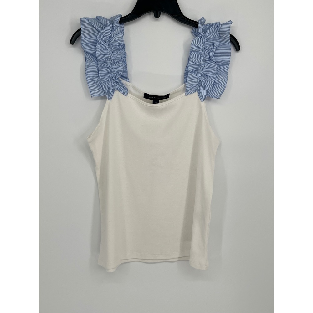 Tommy Hilfiger Ruffle Strap Tank Top Women L White Blue Pinstripe Square Neck